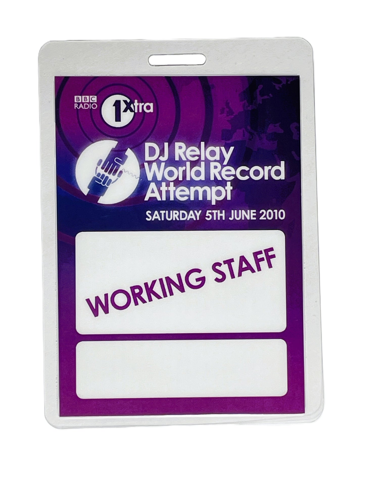 Working staff badge for DJ Relay World Record Attempt on a white background