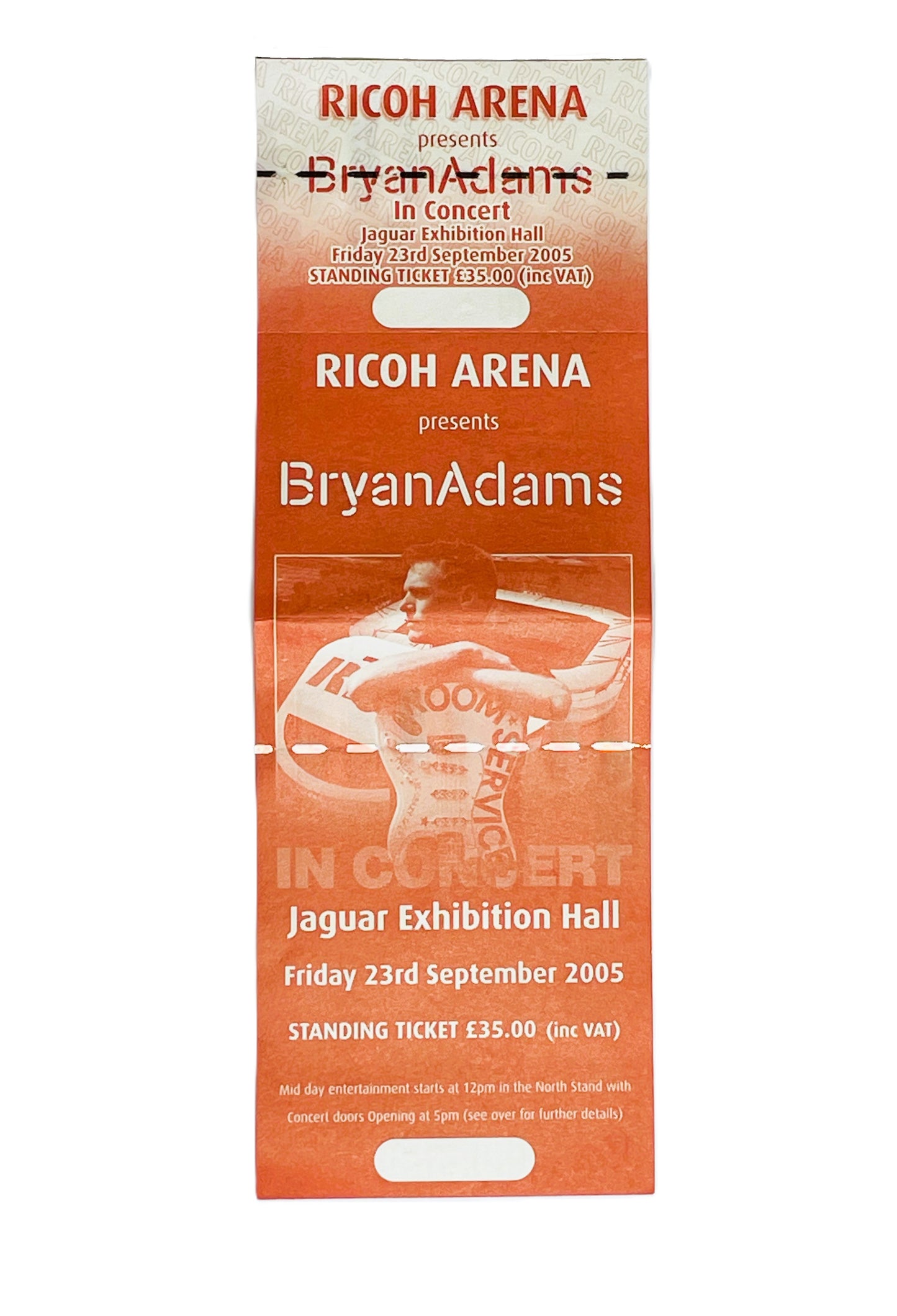Ticket for Bryan Adams concert at Ricoh Arena, featuring a stylized illustration of the artist.
