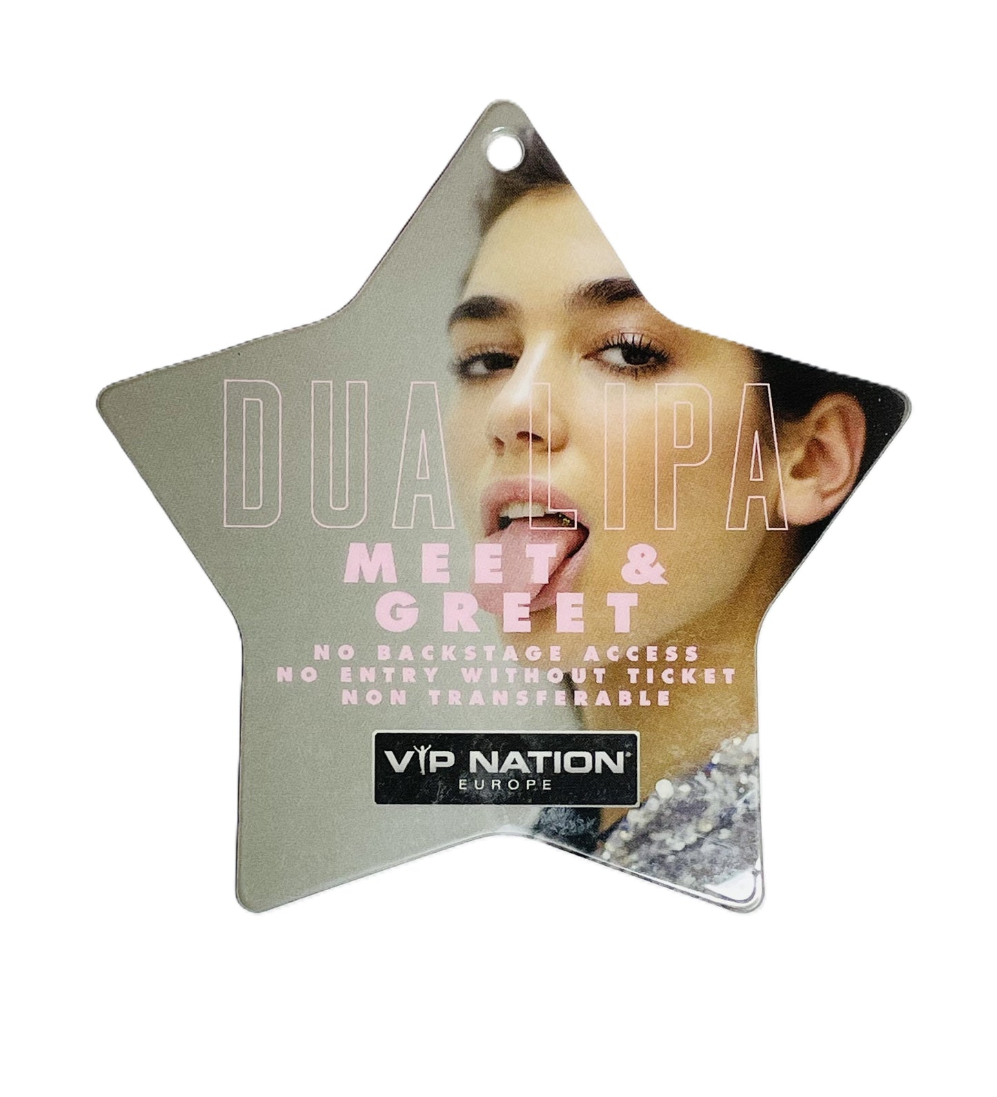 A VIP Dua Lipa Meet & Greet pass in the shape of a star with the artist's photo and text detailing the event information.