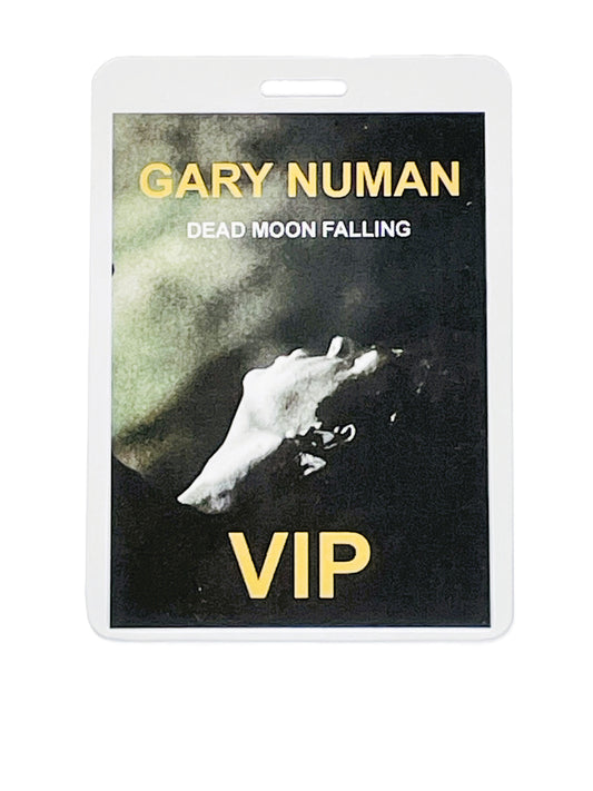 Gary Numan 'Dead Moon Falling' with a hand reaching towards a moon, labeled VIP.