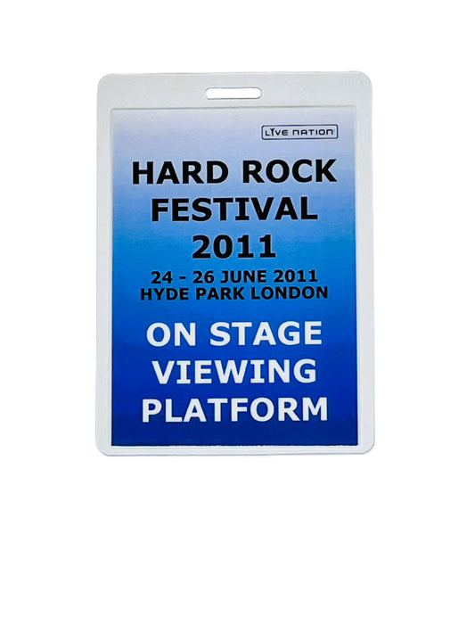 Hard Rock Festival 2011 on stage viewing platform pass with blue and white design.