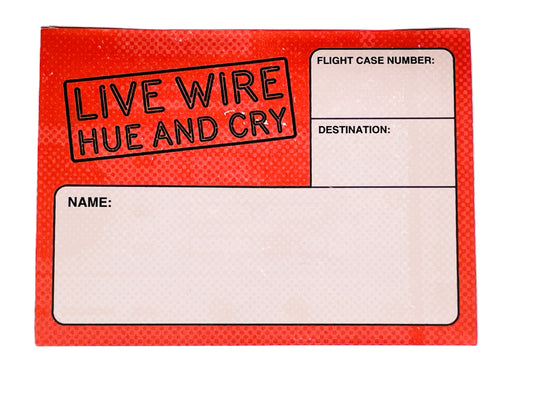 Red and white label with 'Live Wire Hue and Cry' branding on a white background