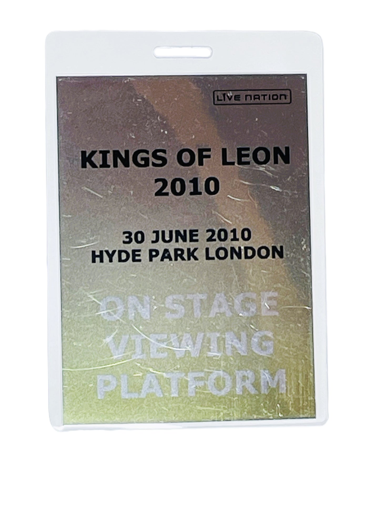 Event pass for Kings of Leon concert at Hyde Park London on 30 June 2010, featuring Live Nation branding.