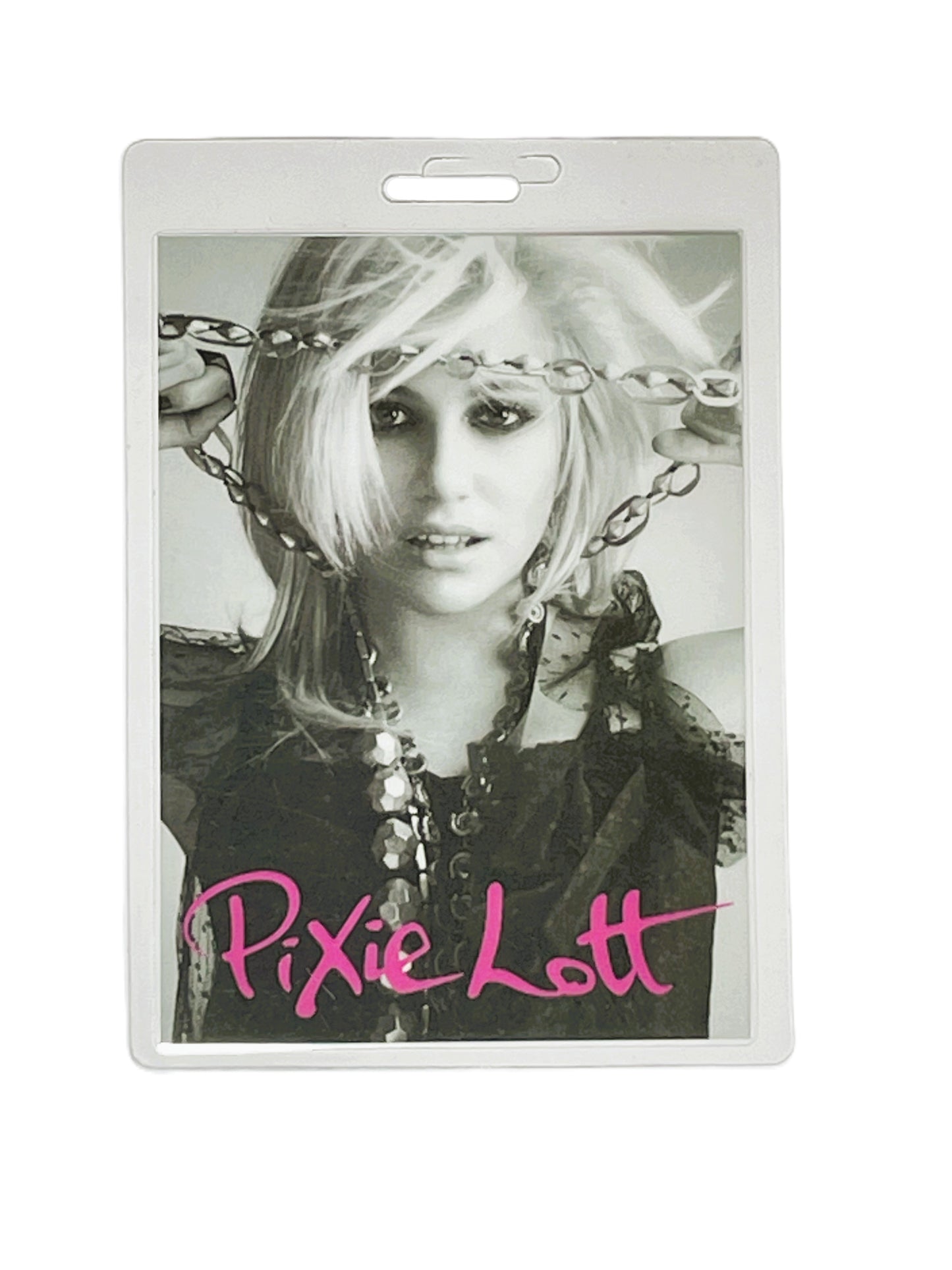 Pass with a photo of a person with blonde hair and chains, featuring the name 'Pixie Lott'.