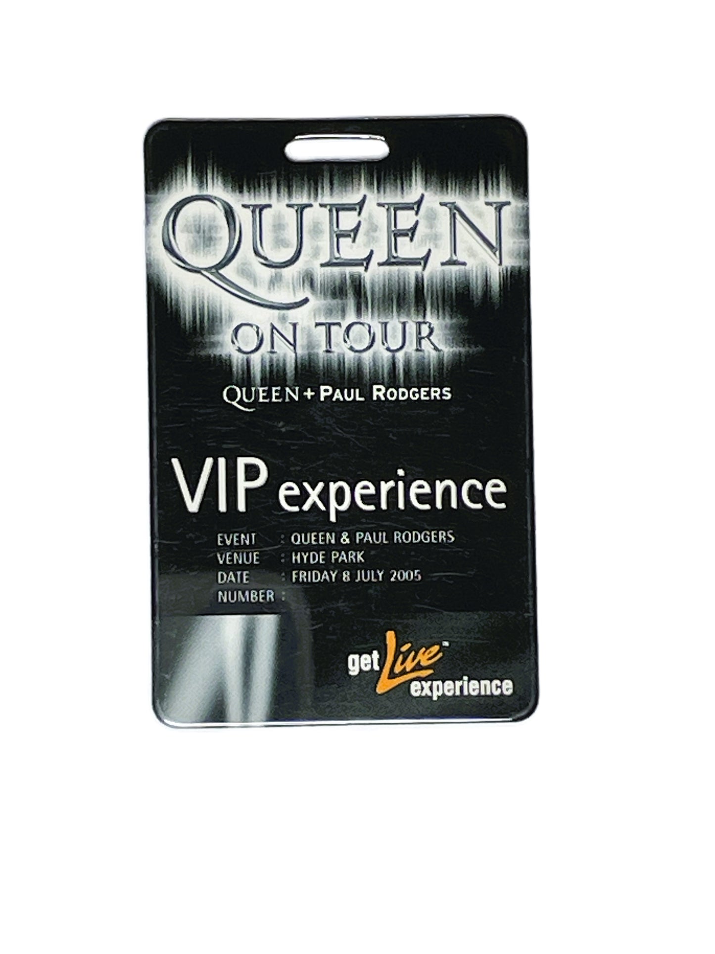 VIP pass for Queen on Tour event with black and white design