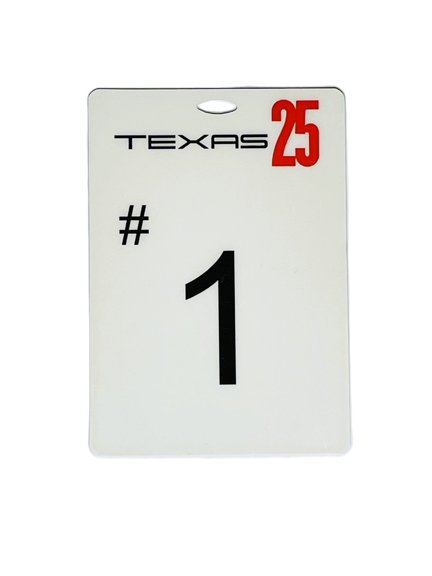 White pass with 'Texas 25', '#', and number '1' on a white background