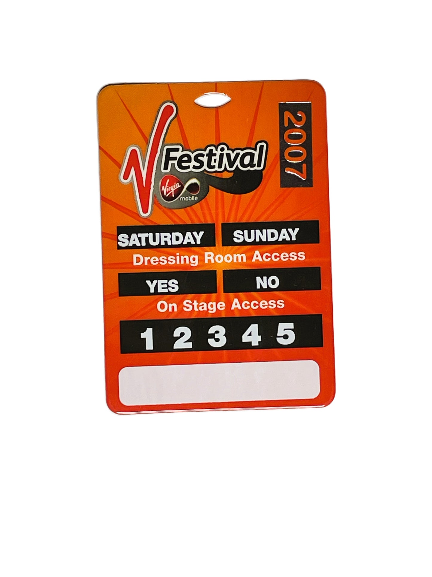 pass for V festival 2007 white text on an orange background