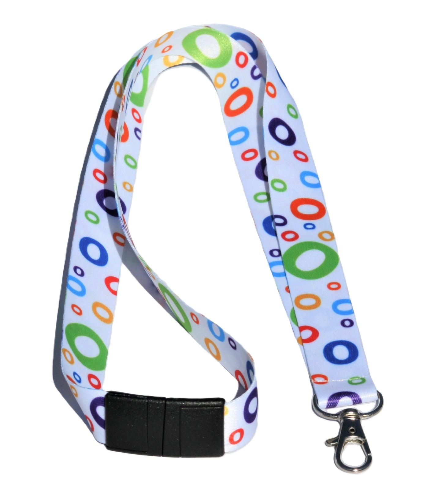 Colorful polka dot lanyard with a clip on a white background