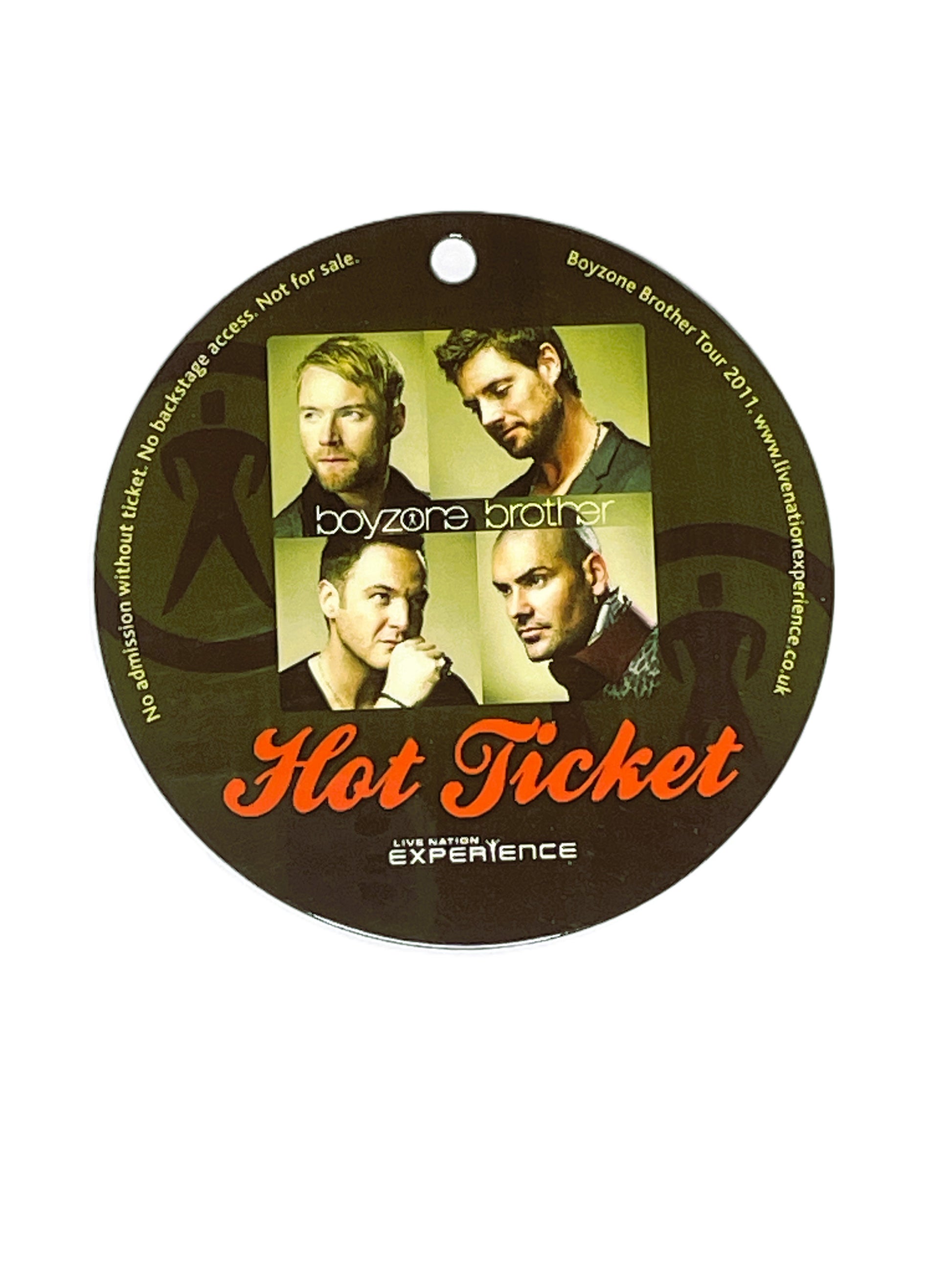 Round 'Hot Ticket' card with images of four men and text on a white background