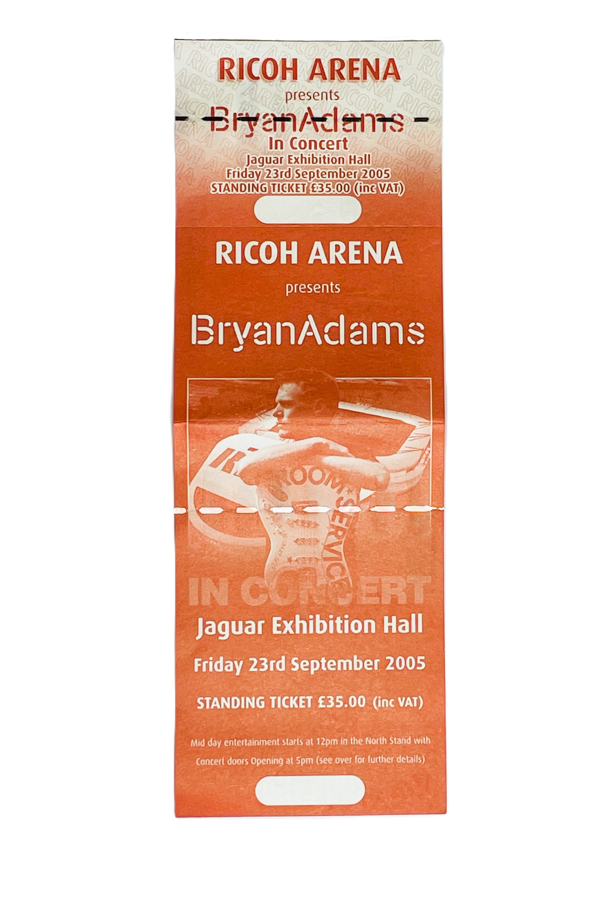 Ticket for Bryan Adams concert at Ricoh Arena, featuring a stylized illustration of the artist.
