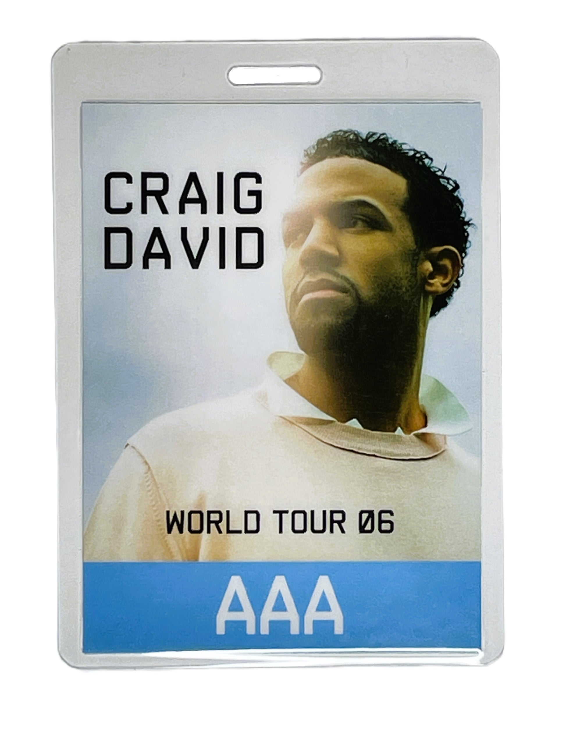 Craig David concert pass with a blue border and text