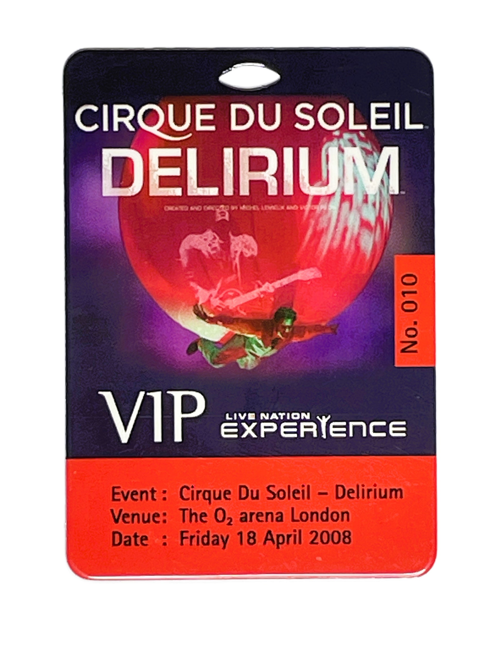VIP ticket for Cirque Du Soleil Delirium event with branding and details.