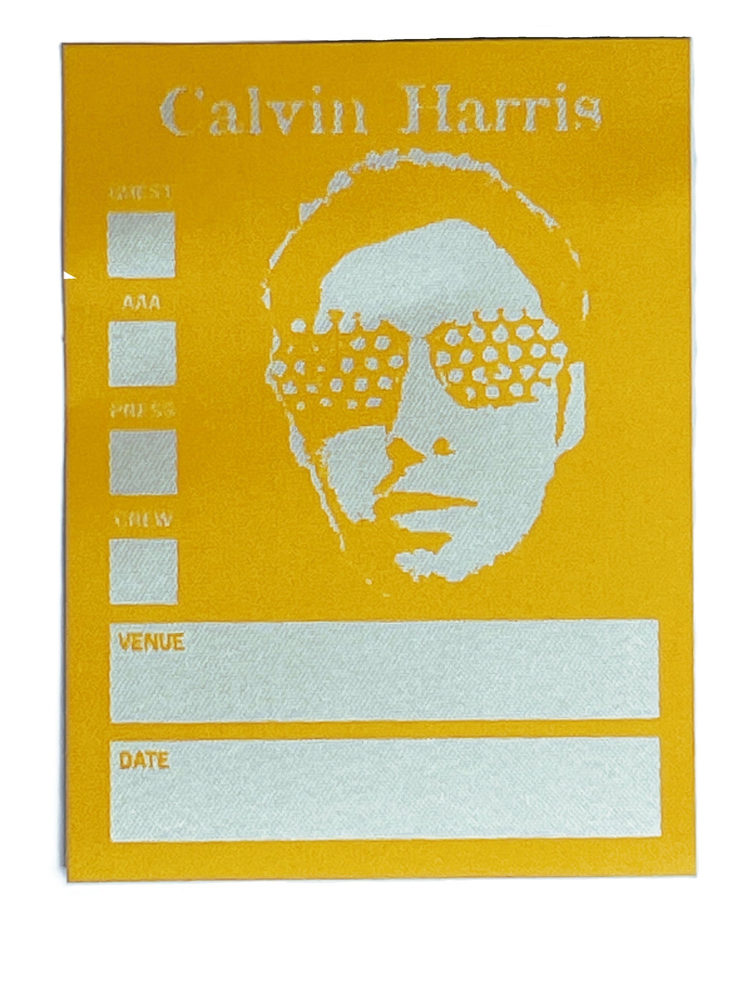 Yellow event ticket with a portrait of Calvin Harris on a white background