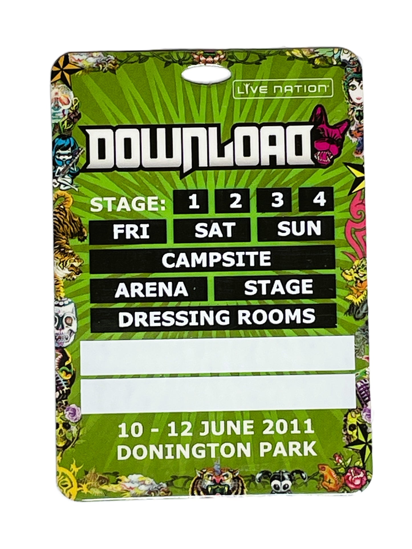 Pass for Download Festival at Donington Park with event details and Live Nation branding.