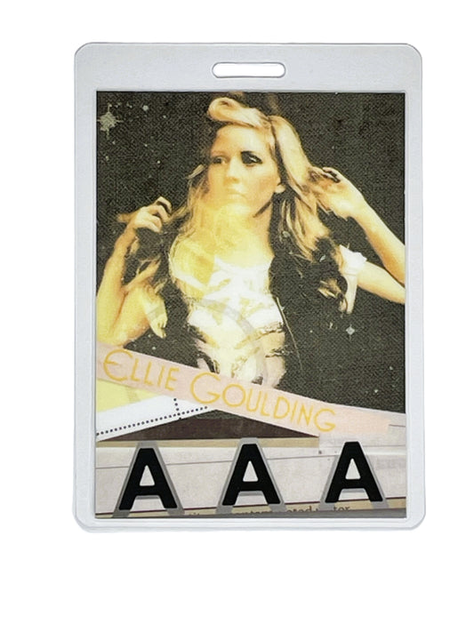 Laminated concert pass with a photo of 'Ellie Goulding' with AAA text.