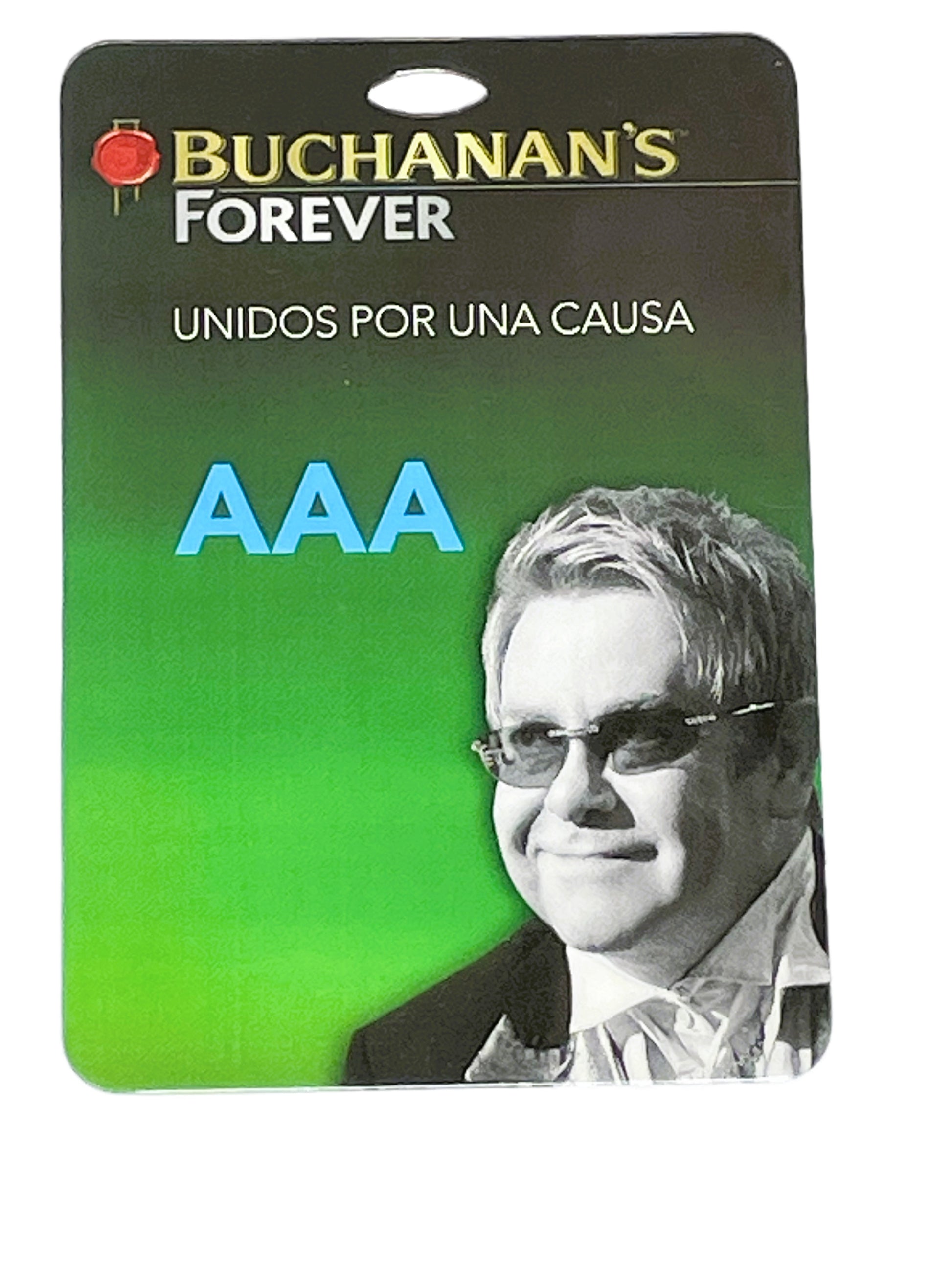 Buchanan's Forever AAA pass with Elton John on a green background