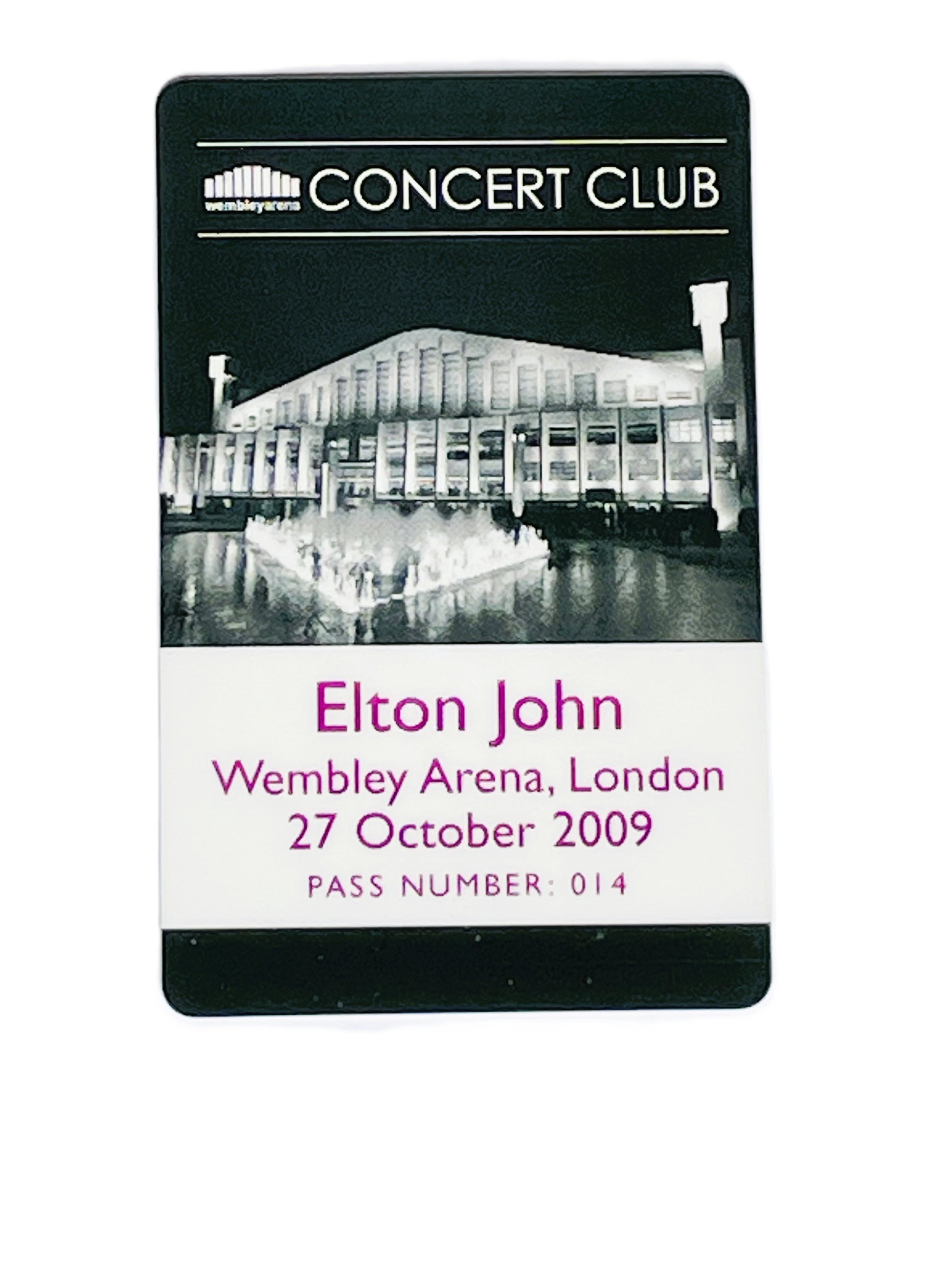 Concert pass for Elton John at Wembley Arena, London on 27 October 2009.