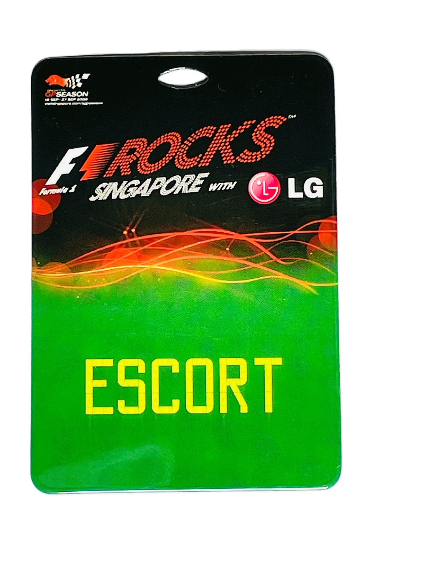 Promotional card for F1 Rocks Singapore with LG, featuring vibrant colors and branding.