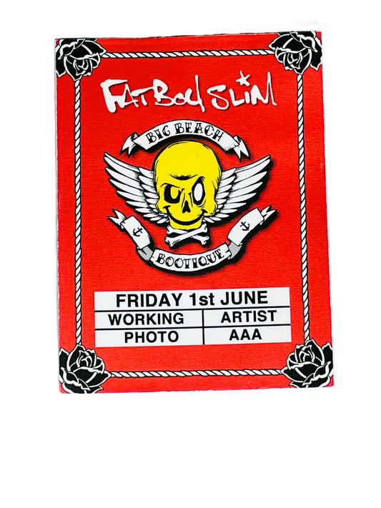 Red sticky pass with a yellow skull design on a red background