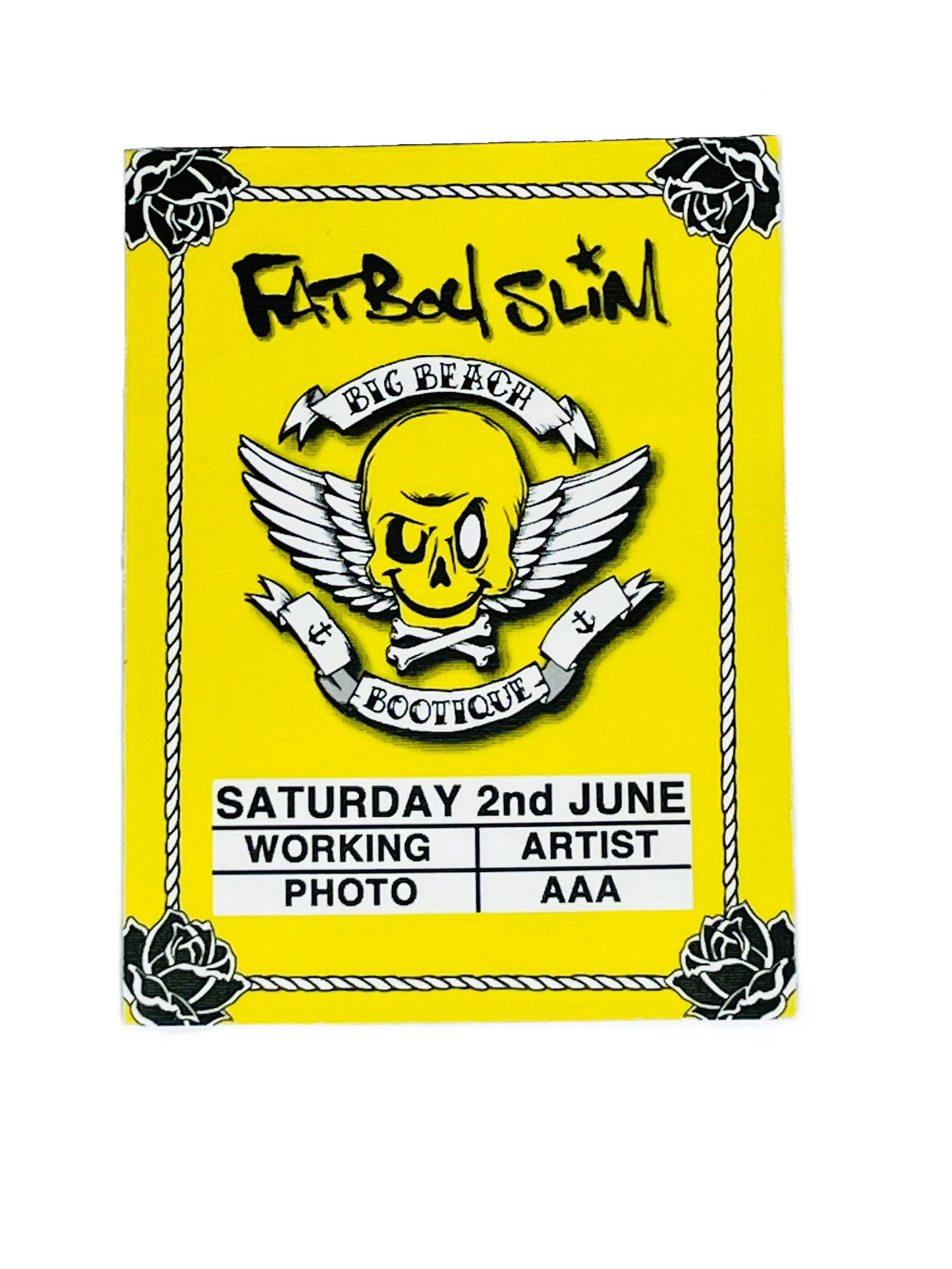 Yellow sticky pass with black text and graphics, featuring a skull and wings design.