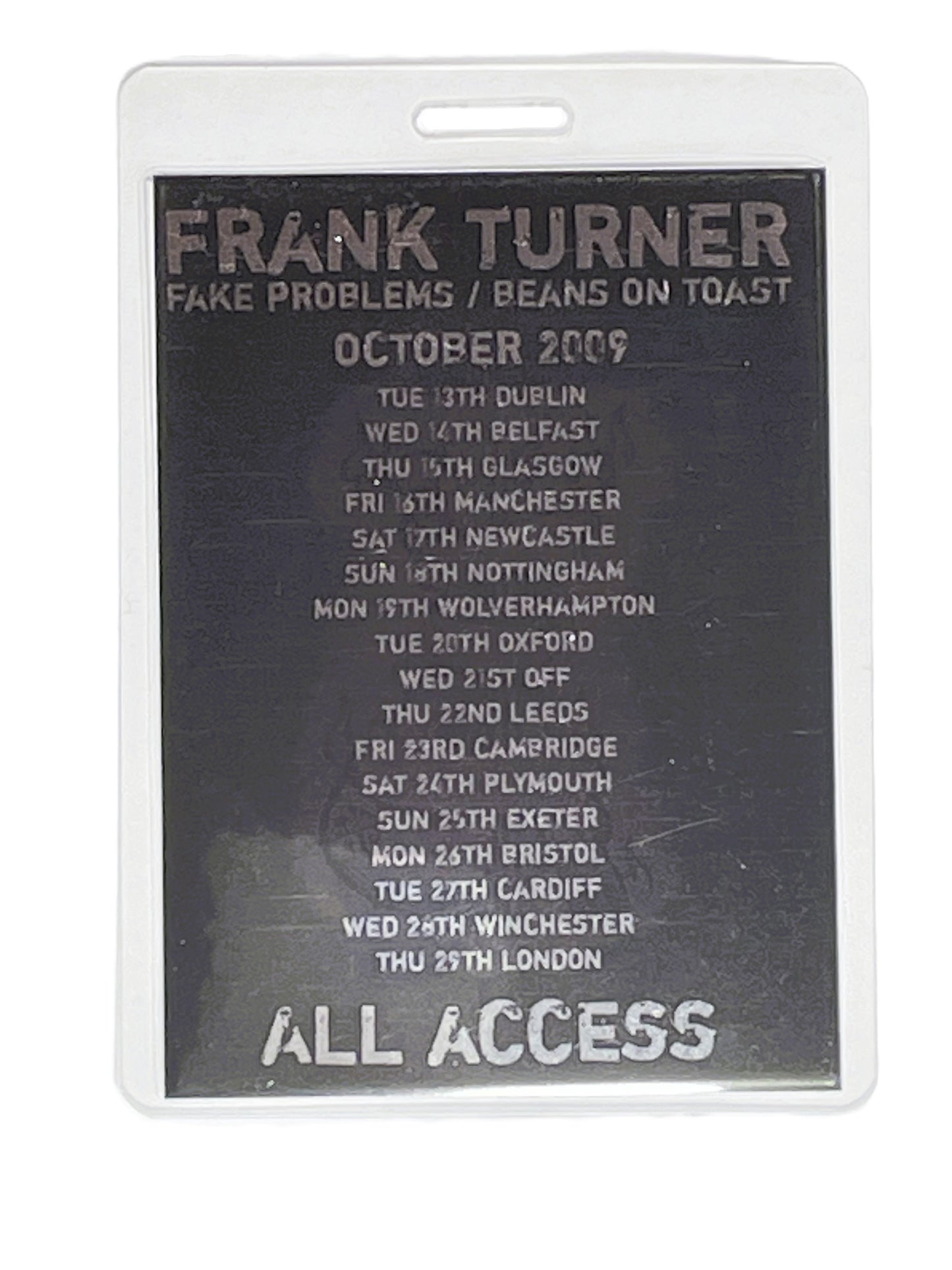 Laminate with concert tour details for Frank Turner, featuring dates and cities.