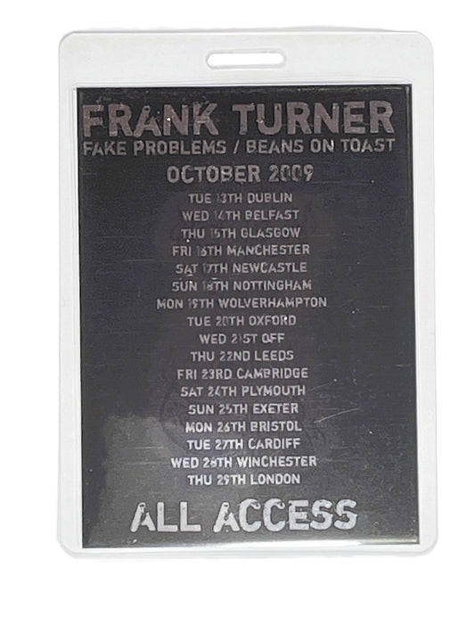 Laminate with concert tour details for Frank Turner, featuring dates and cities.