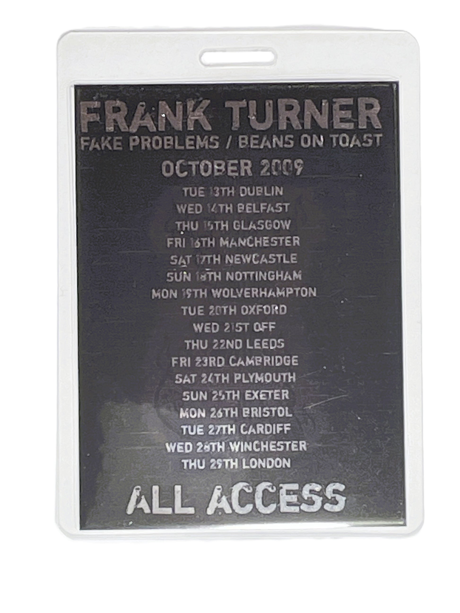 Laminate with concert tour details for Frank Turner, featuring dates and venues.