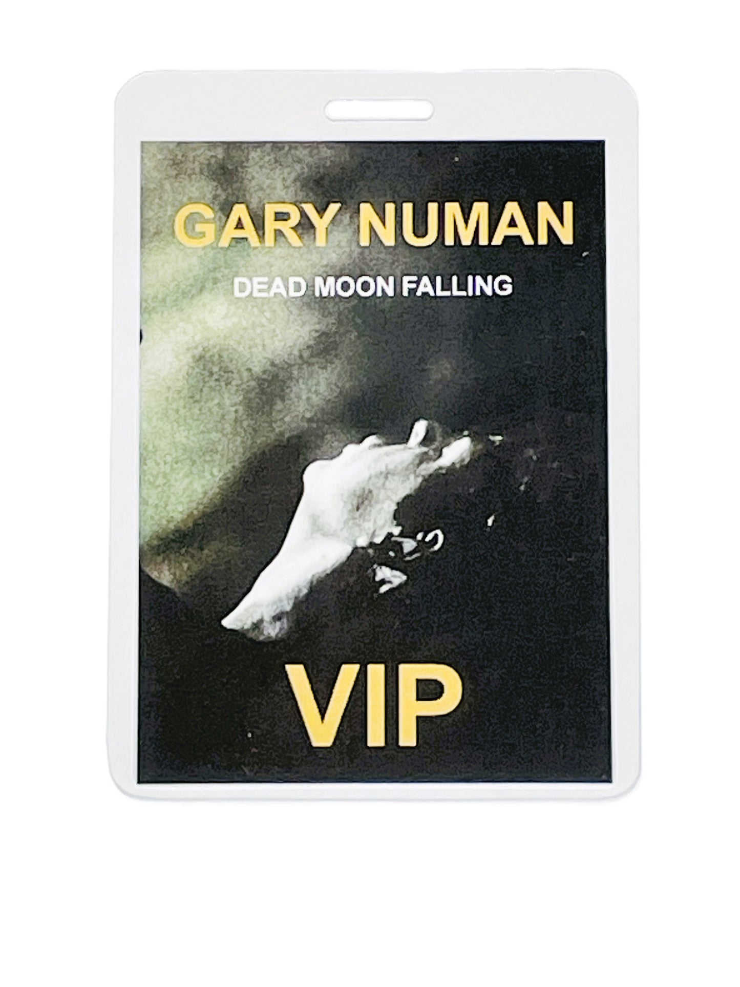 Gary Numan 'Dead Moon Falling' with a hand reaching towards a moon, labeled VIP.