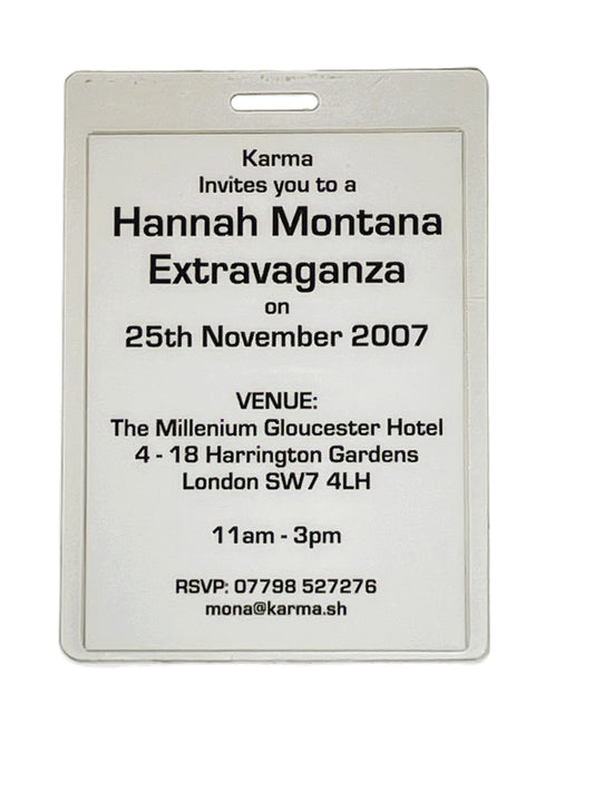 Invitation card for a Hannah Montana Extravaganza event at The Millennium Gloucester Hotel on November 25, 2007.