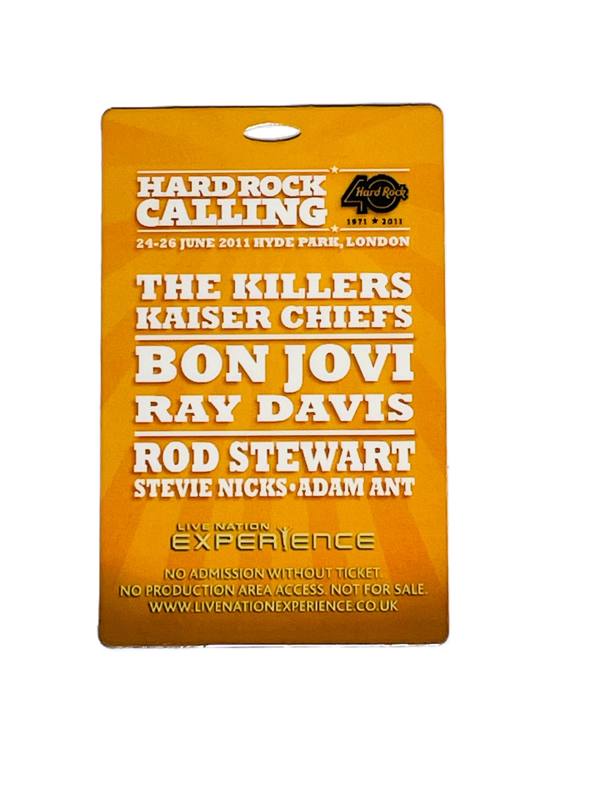 Pass for 'Hard Rock Calling' music festival featuring The Killers, Kaiser Chiefs, Bon Jovi, Rod Stewart and others.