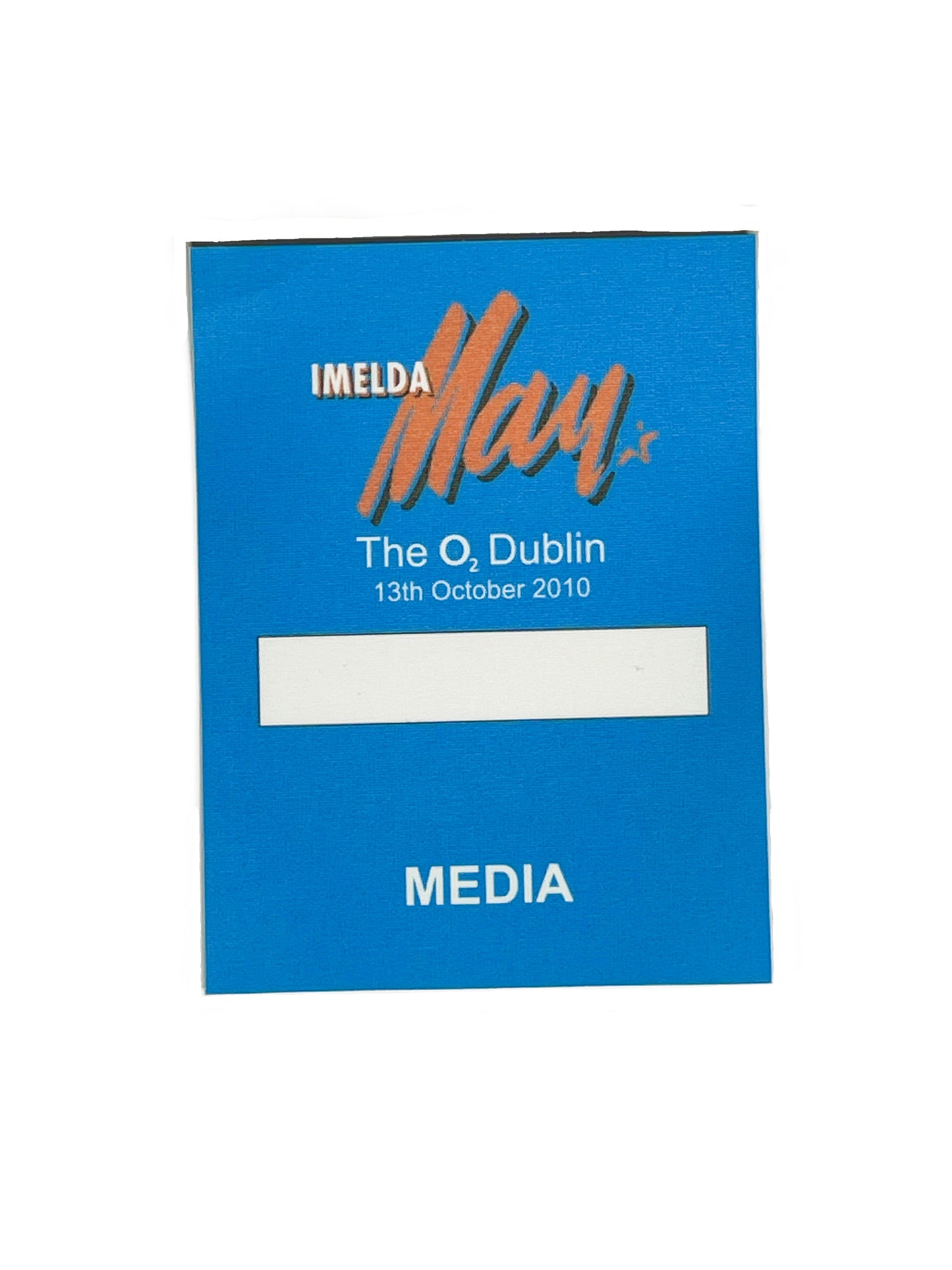 Blue media pass with 'Imelda May' branding and event details.