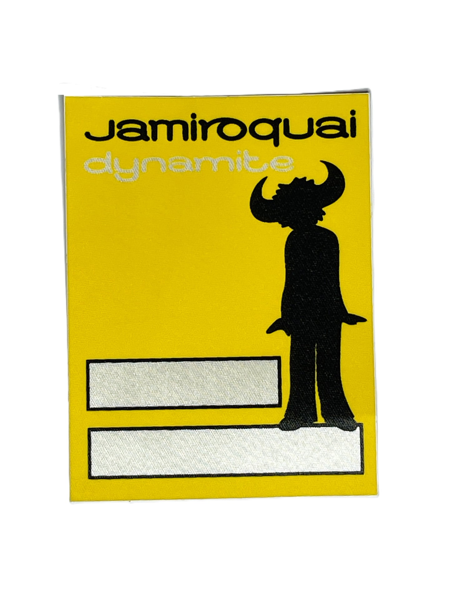 Sticky pass with 'jamiroquai' and 'dynamite' text, featuring a silhouette of a person with horns on a yellow background.