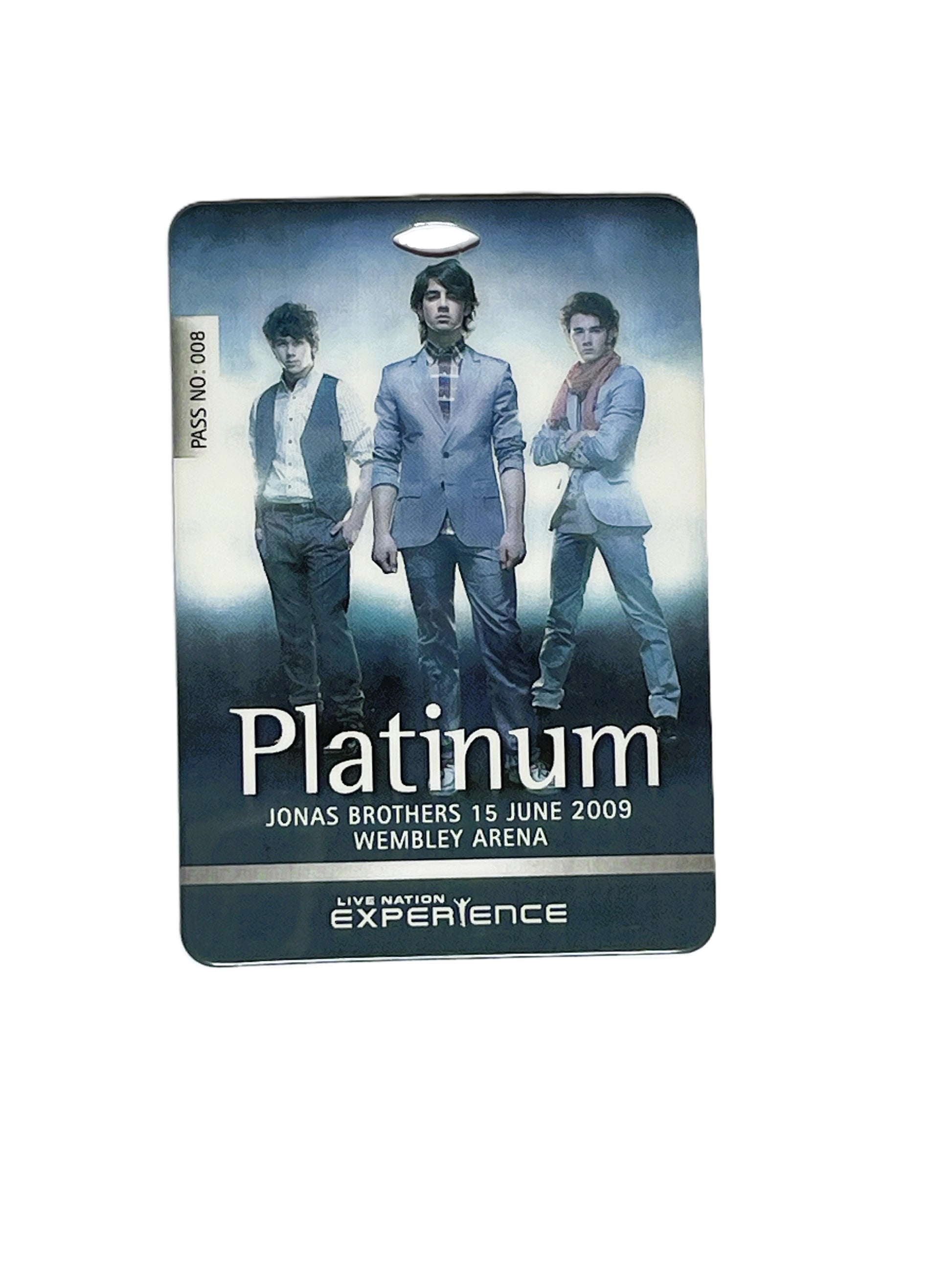Platinum pass for Jonas Brothers concert at Wembley Arena on 15 June 2009, featuring three band members.