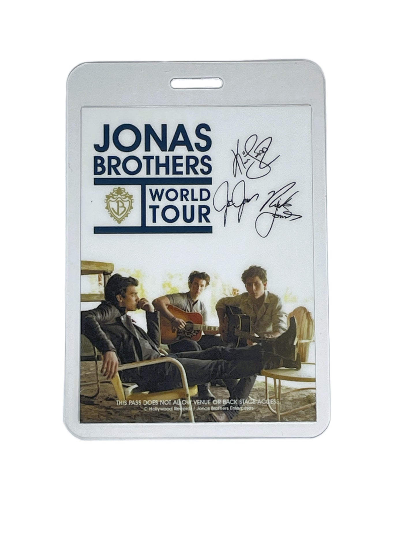 Laminated Pass for Jonas Brothers World Tour with band members and signature.