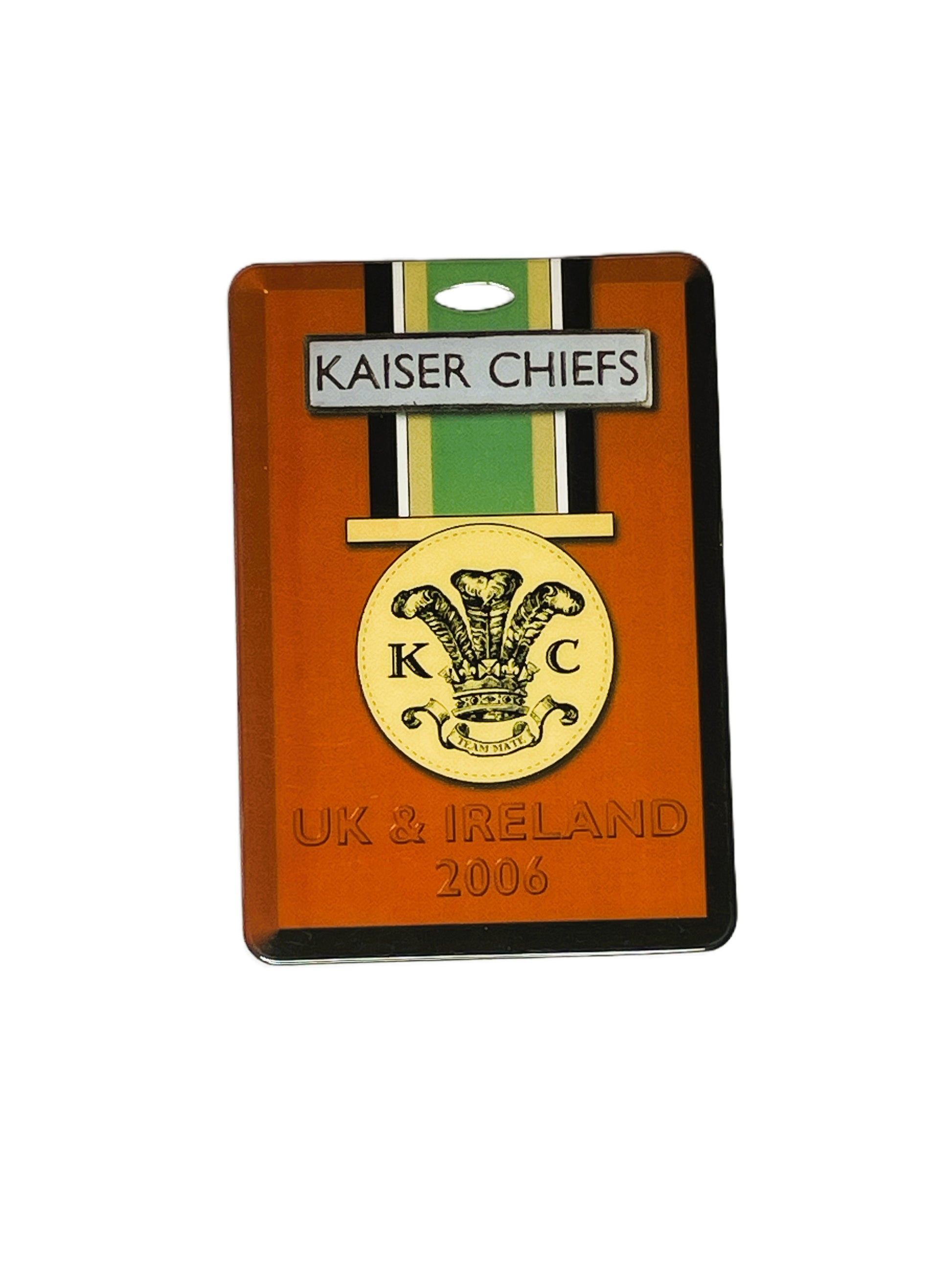 Kaiser Chiefs pass with striped design and gold emblem on an orange background