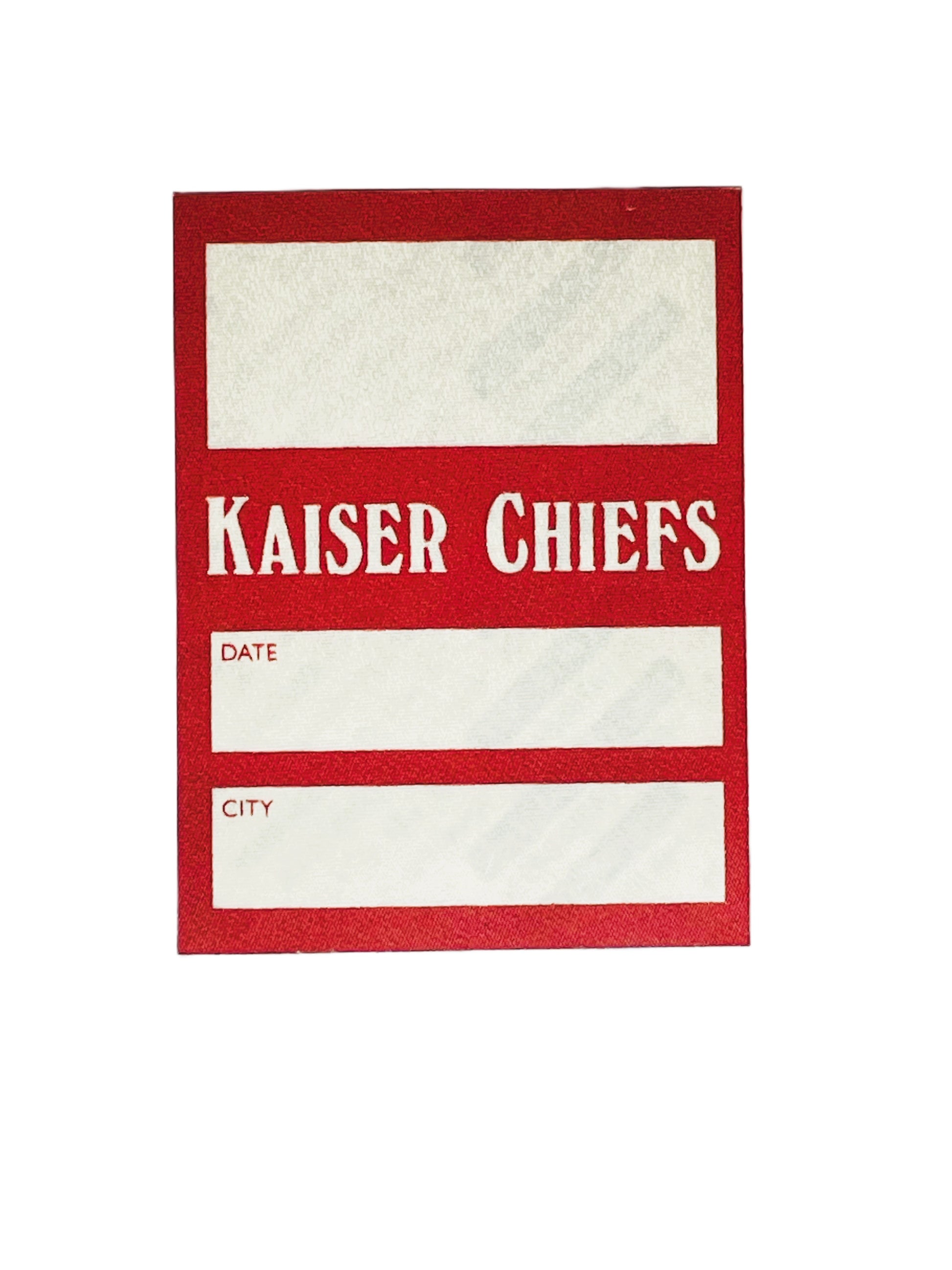 Kaiser Chiefs concert sticky pass design with red border and white center