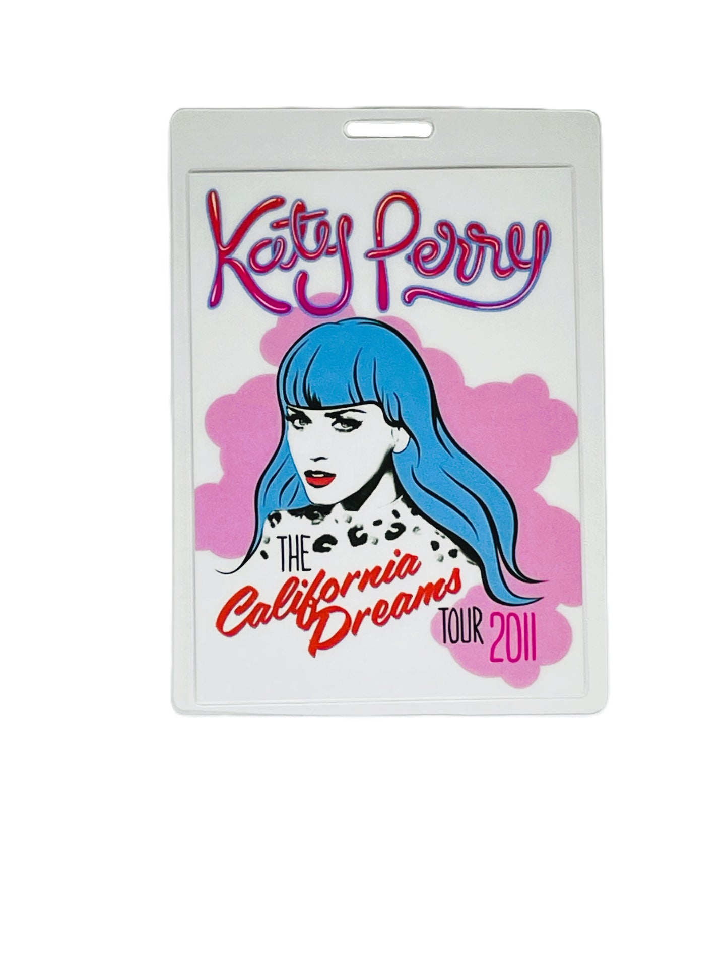 Katy Perry laminate pass with her image on a white background.