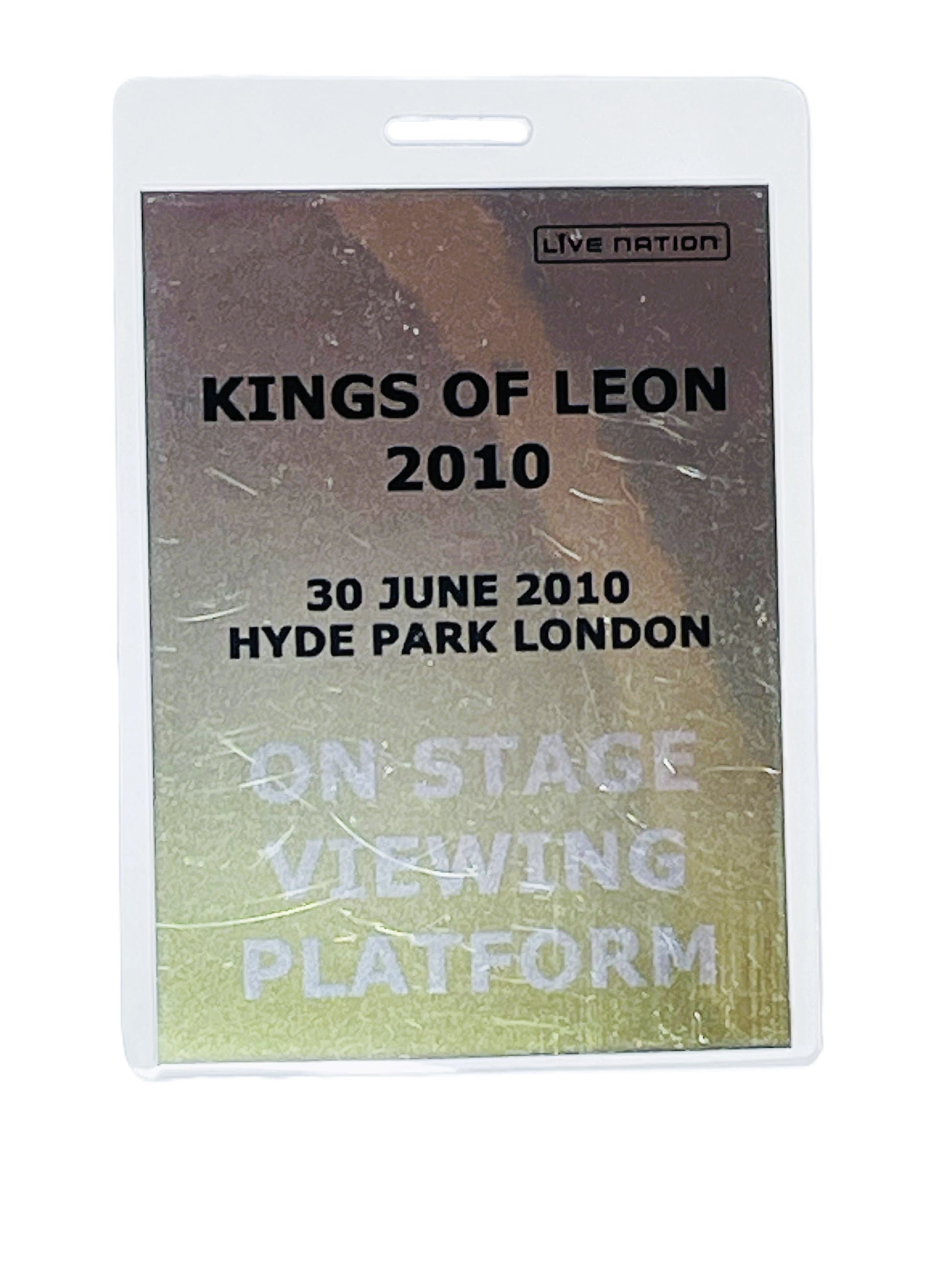 Event pass for Kings of Leon concert at Hyde Park London on 30 June 2010, featuring Live Nation branding.