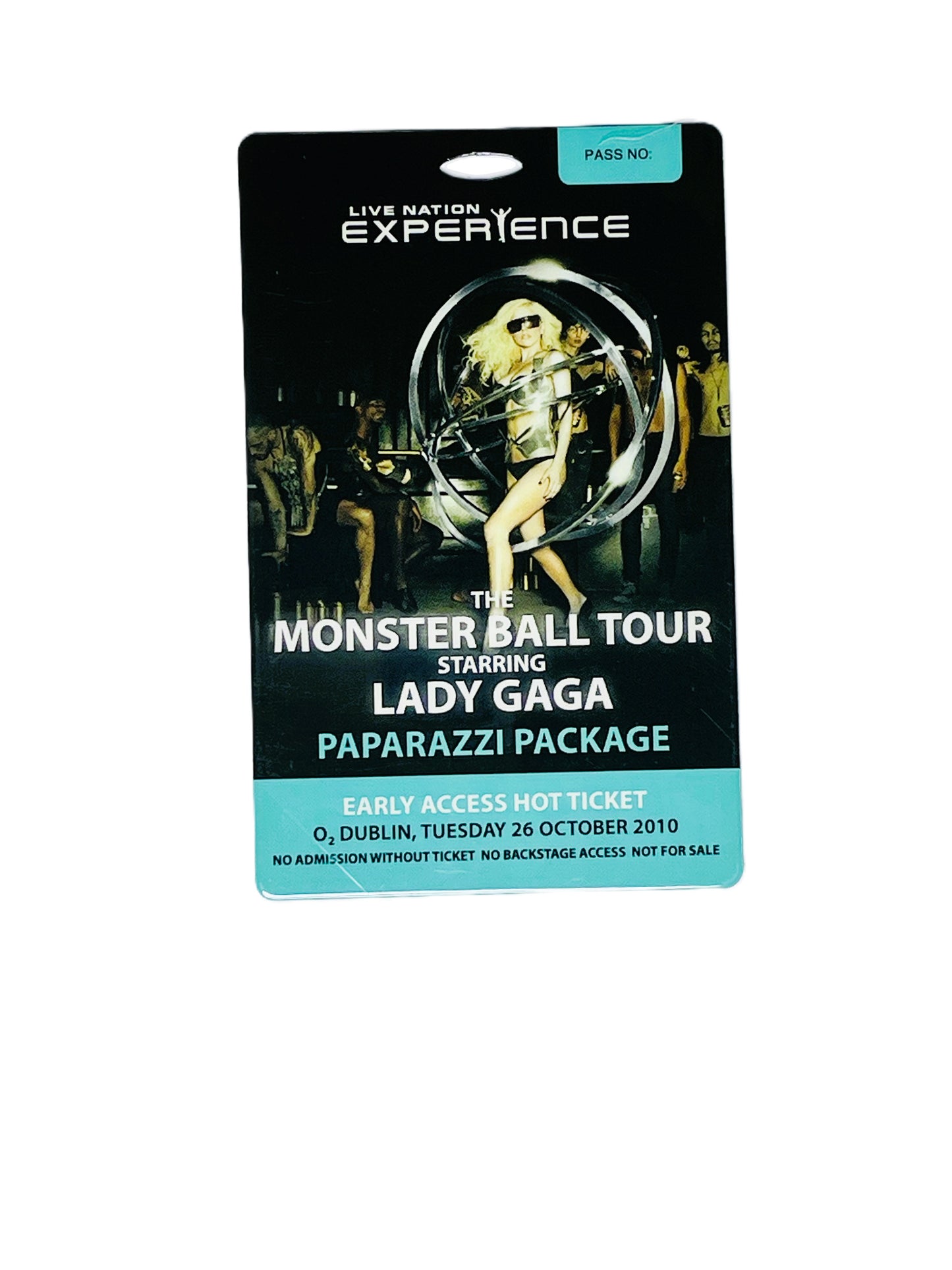 Pass for Lady Gaga's Monster Ball Tour with a black background and blue accents.