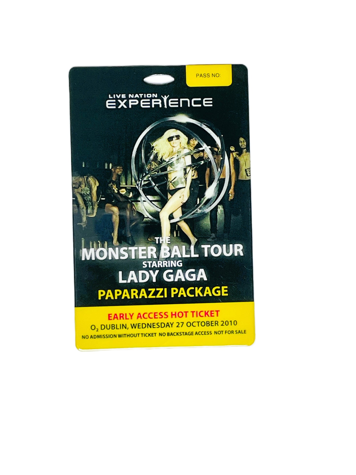 Pass for Lady Gaga's Monster Ball Tour featuring paparazzi package details.