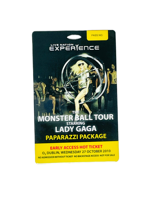 Pass for Lady Gaga's Monster Ball Tour featuring paparazzi package details.