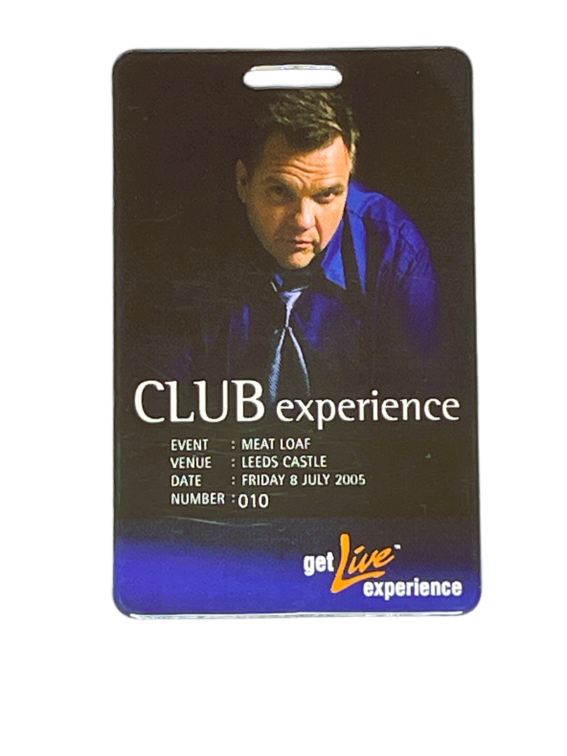Event pass with Meatloaf on a dark background, featuring 'CLUB experience' text.