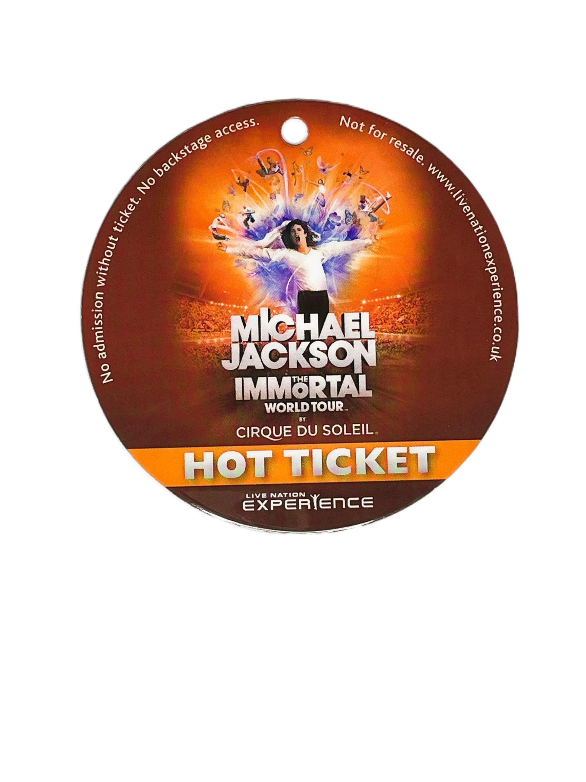 Round 'Michael Jackson Immortal World Tour' hot ticket with vibrant design on a white background