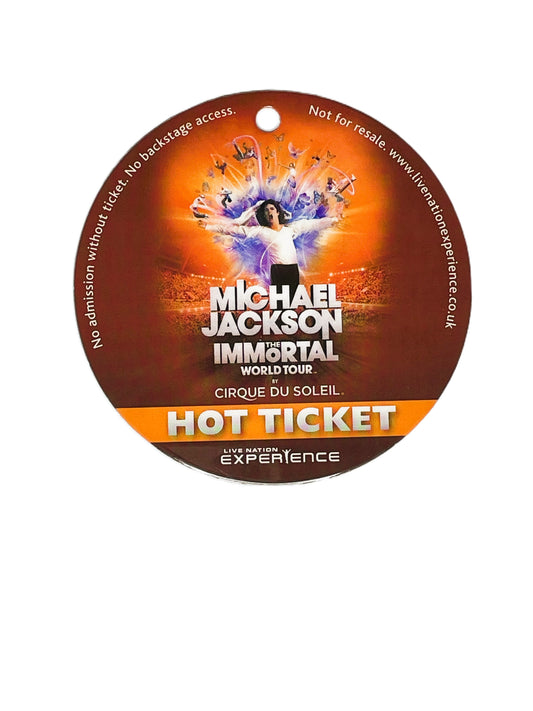 Round 'Michael Jackson Immortal World Tour' hot ticket with vibrant design on a white background