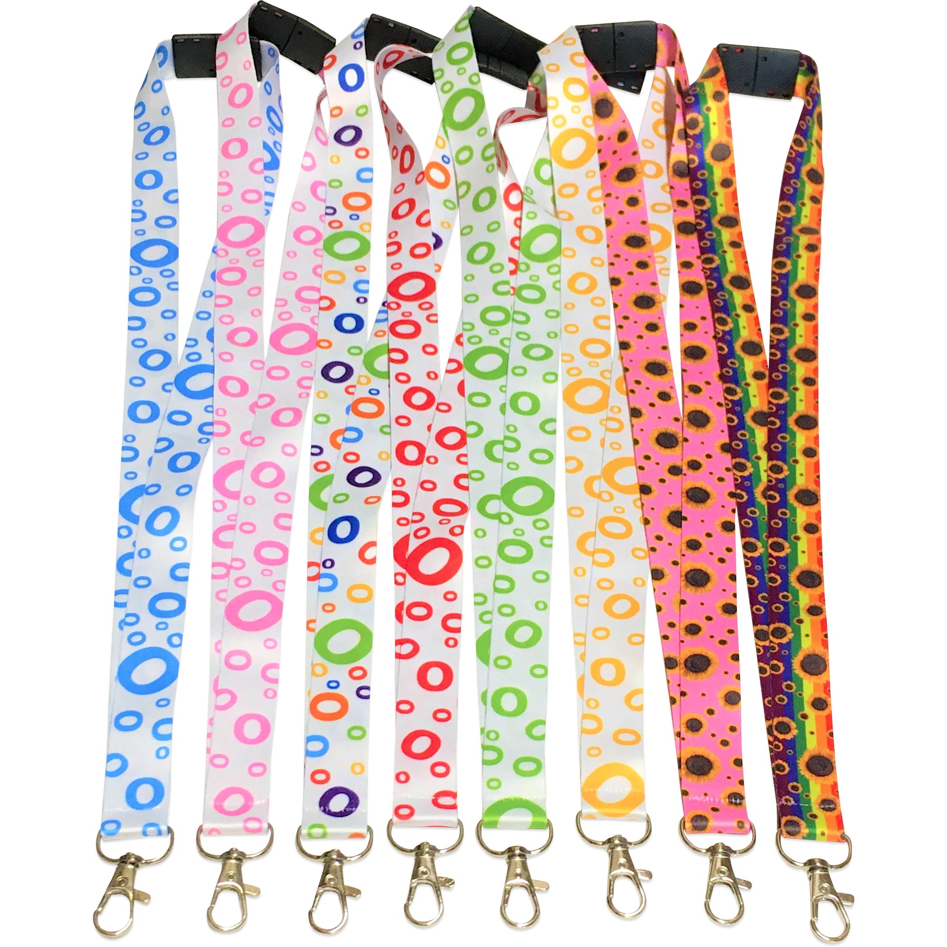 Set of colorful lanyards with various patterns on a white background