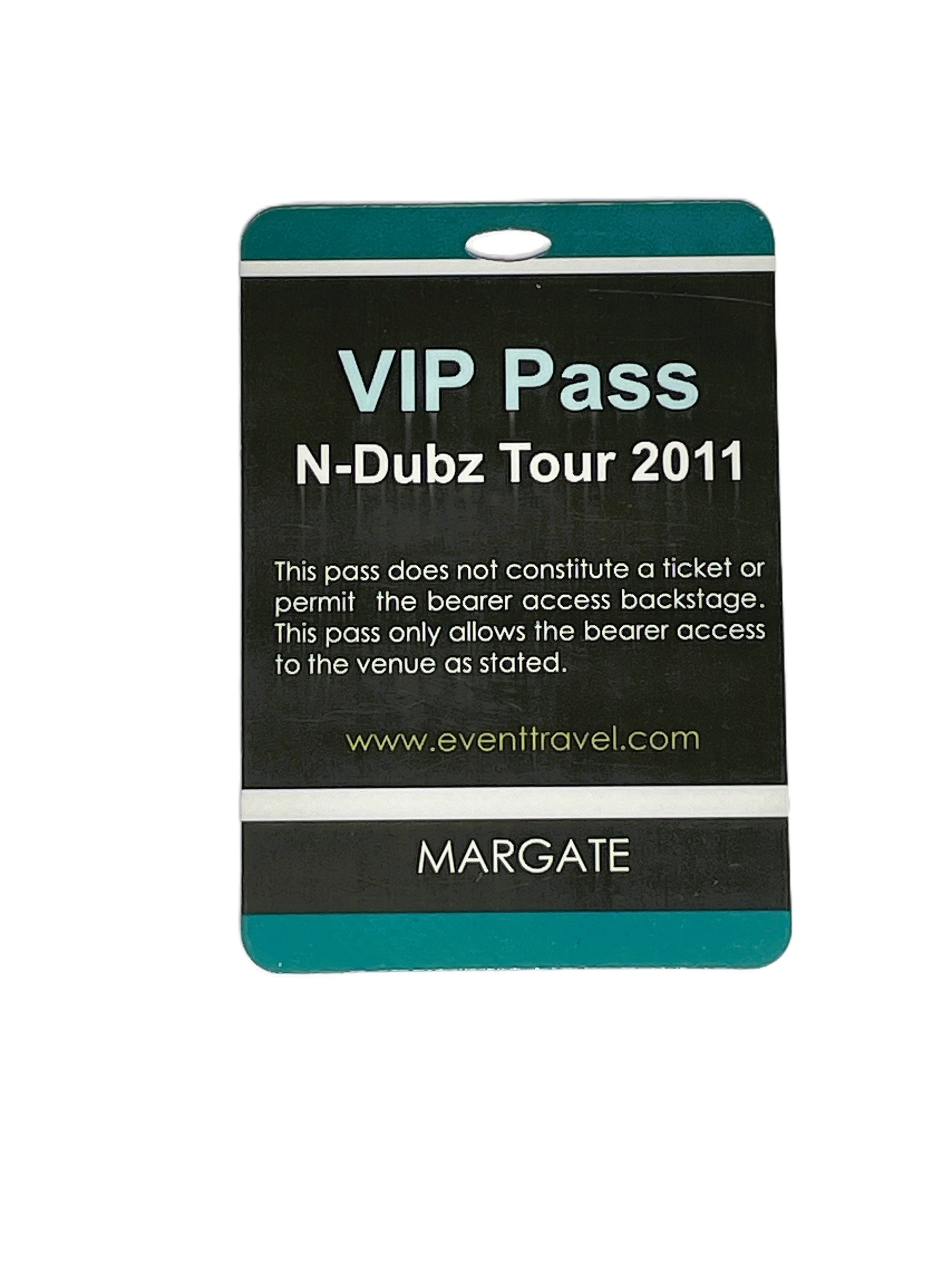 VIP Pass for N-Dubz Tour 2011 with branding and website information on a black and teal card.
