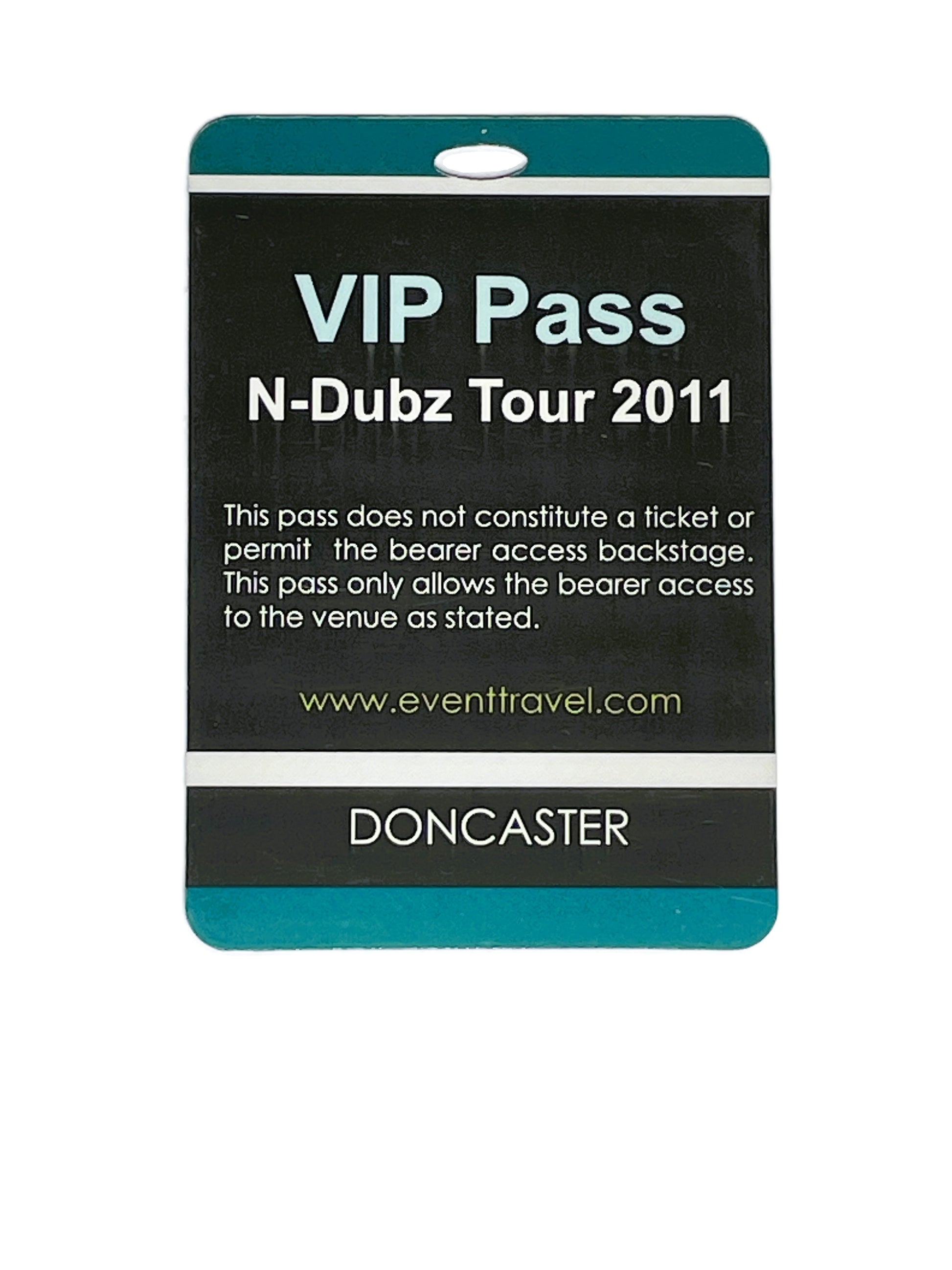 VIP pass for N-Dubz Tour 2011 with branding and website information on a black background.