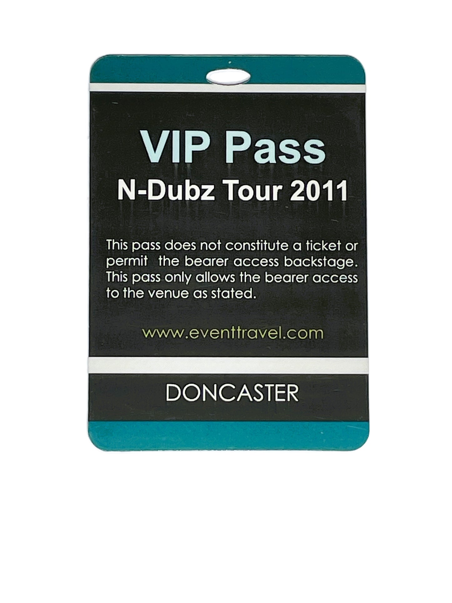 VIP pass for N-Dubz Tour 2011 with branding and website information on a black background.