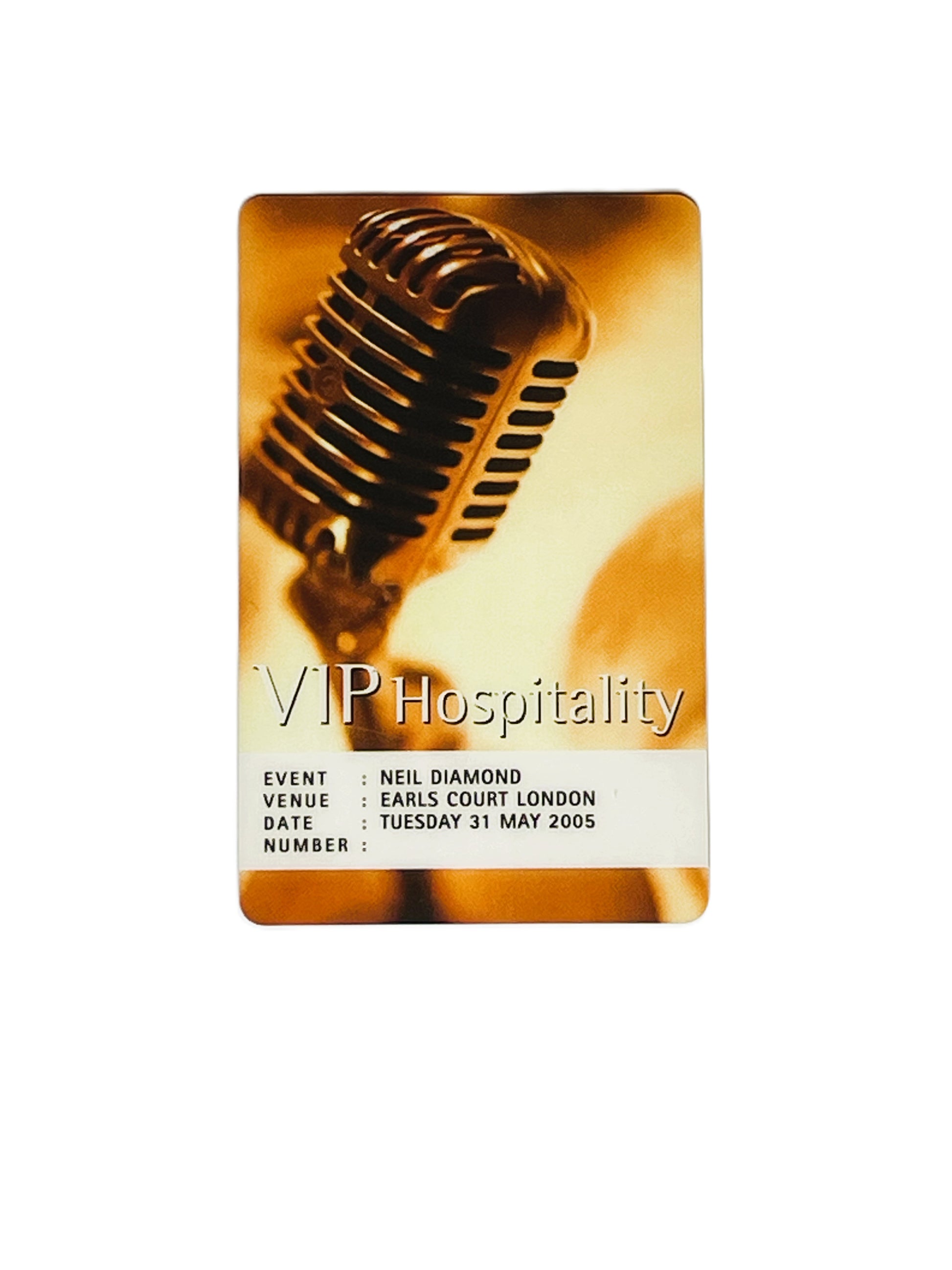 VIP hospitality pass with vintage microphone design and event details.