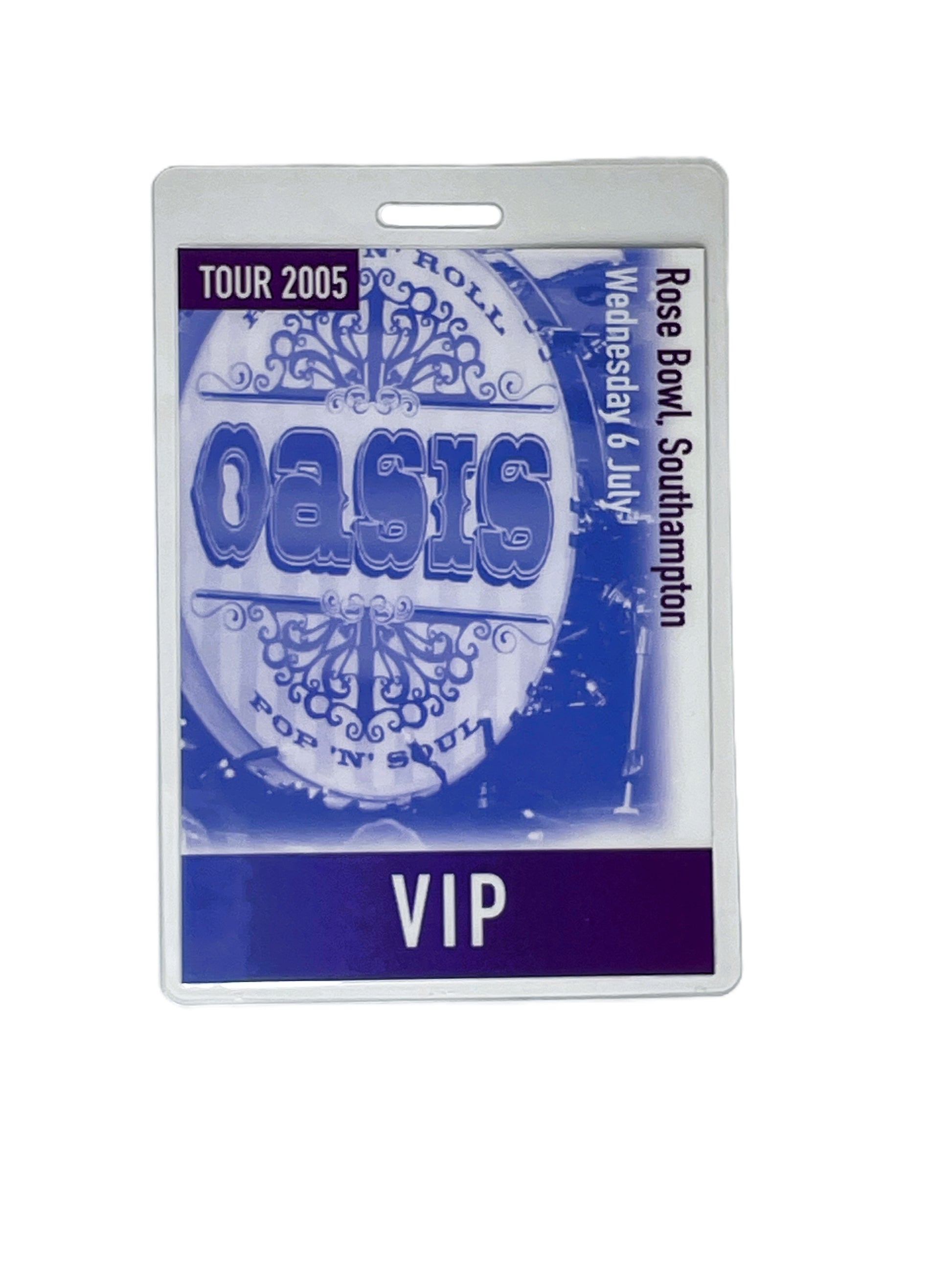 VIP concert pass for Oasis at the Rose Bowl, Southampton, featuring the band's logo and 'VIP' text.